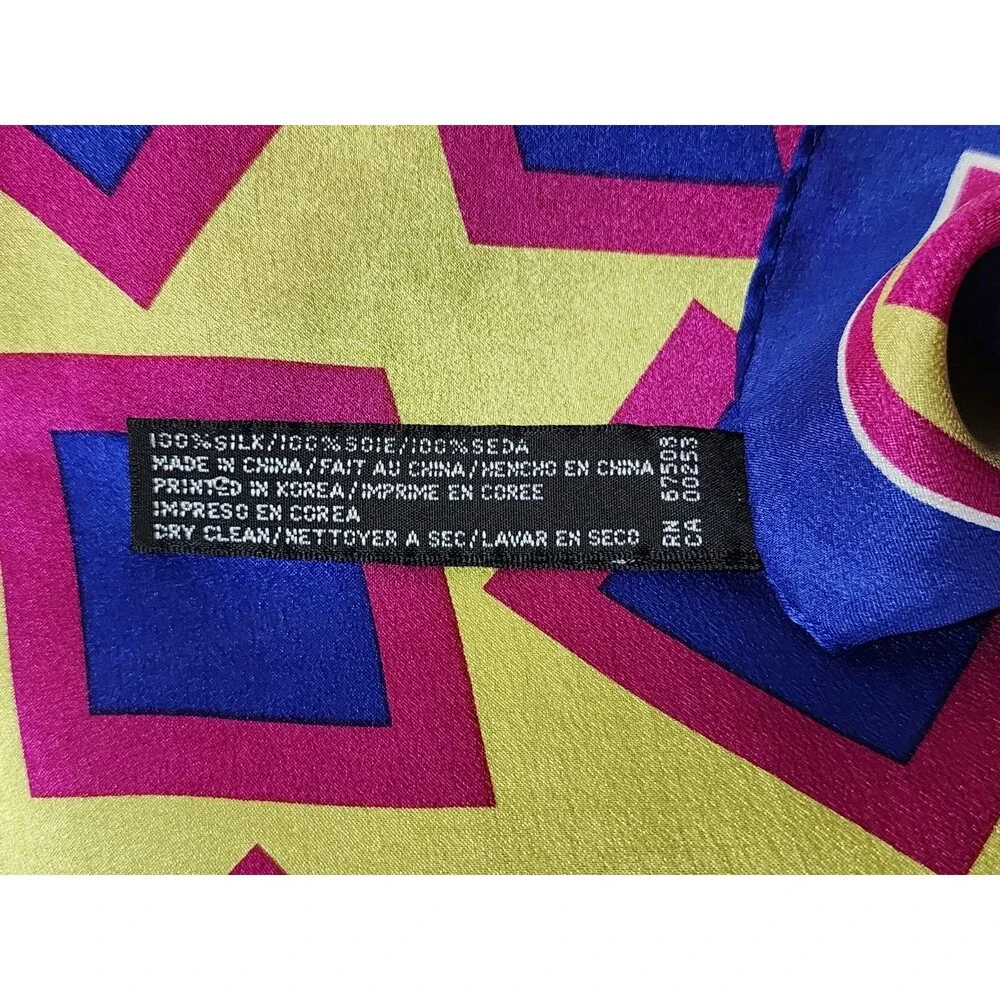 90s Ellen Tracy 100% Silk Scarf Rectangle Geometric Blue Red Yellow Vintage 52